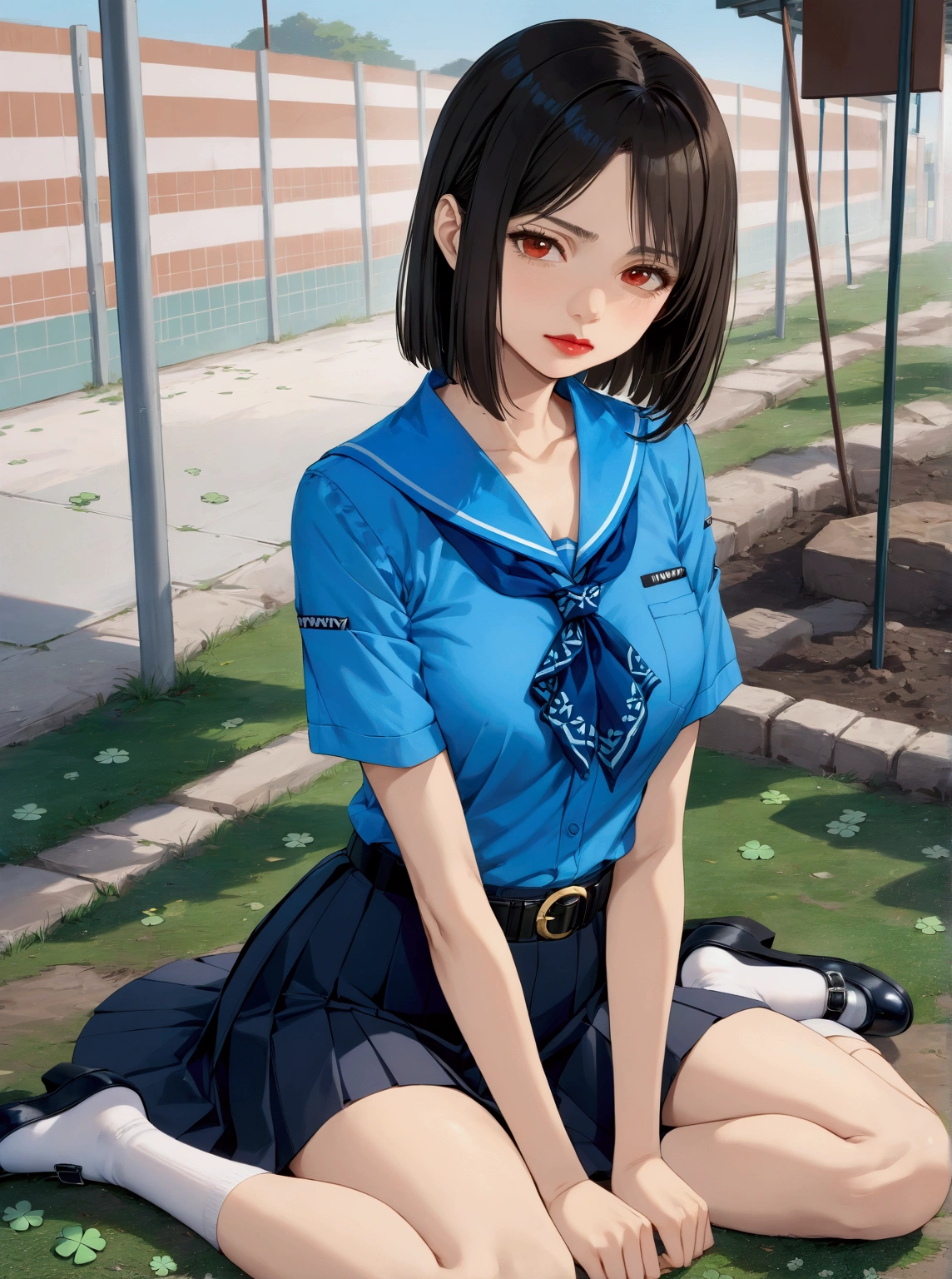 realistic anime illustration of pretty young teacher, she is sitting cross-legged on school 's grassyard in sunny day, she has black shoulder length hair (+forehead, rolled up bangs), wearing blue short sleeves collared shirt, navy-blue neckerchief with white outline clover leaves pattern, navy-blue pleated pencil long skirt, black belt with gold circle buckle, white socks and black mary-jane shoes, (1girl, solo,full body), (masterpiece, best quality, japanese anime style), BREAK, (blue short sleeves collared shirt, navy-blue neckerchief with white outline clover leaves pattern, navy-blue pleated pencil long skirt, black belt with gold circle buckle, white socks and black mary-jane shoes)