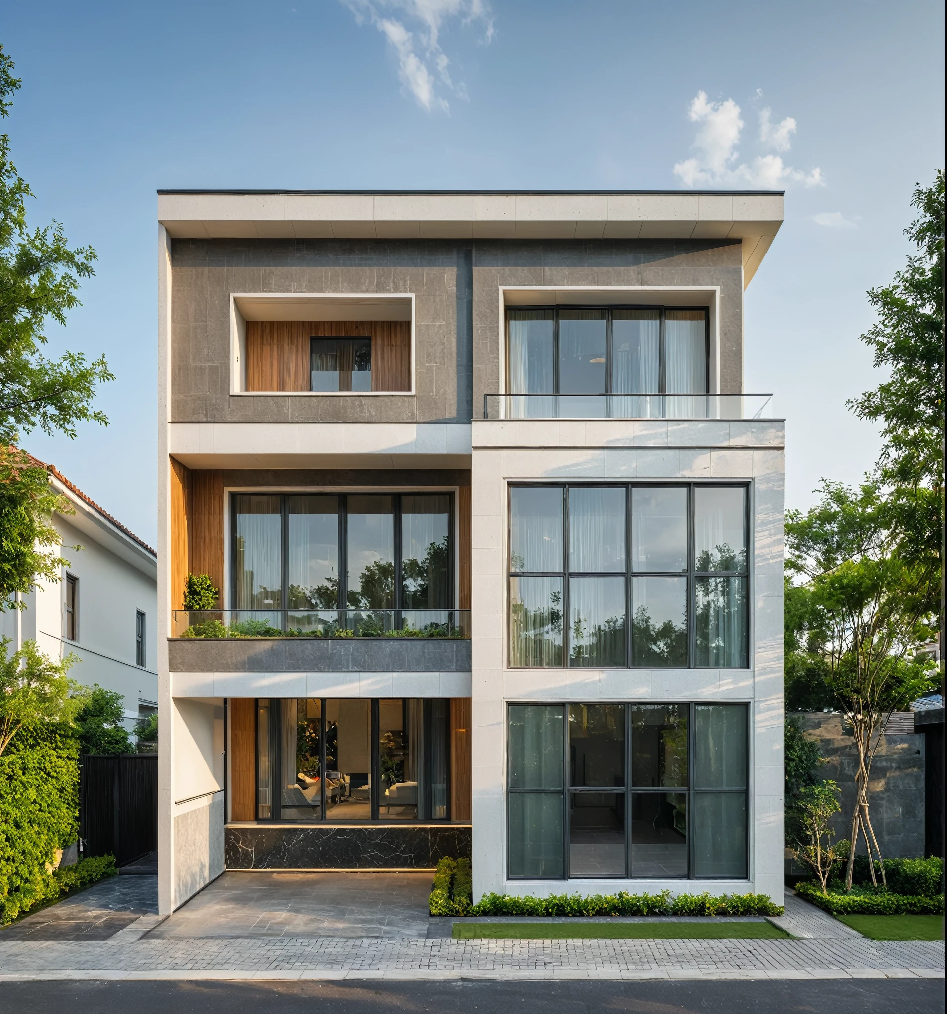 Modern 3-storey villa on the street, (daylight), tropical trees, green shrubs and plants, with swimming pool, vivid colors, design of many modern details, brigth gray tone, priority of many trees on the façade, many materials, large glass doors, warm interior lighting,  Modern Materials, Best Quality, Surrealism, Masterpiece, 17ArchiAI_XL_VL-V1
