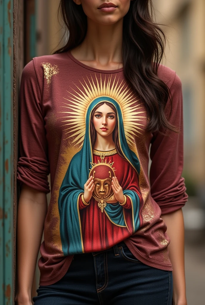 A blouse with a print of Our Lady of Aparecida in marsala color