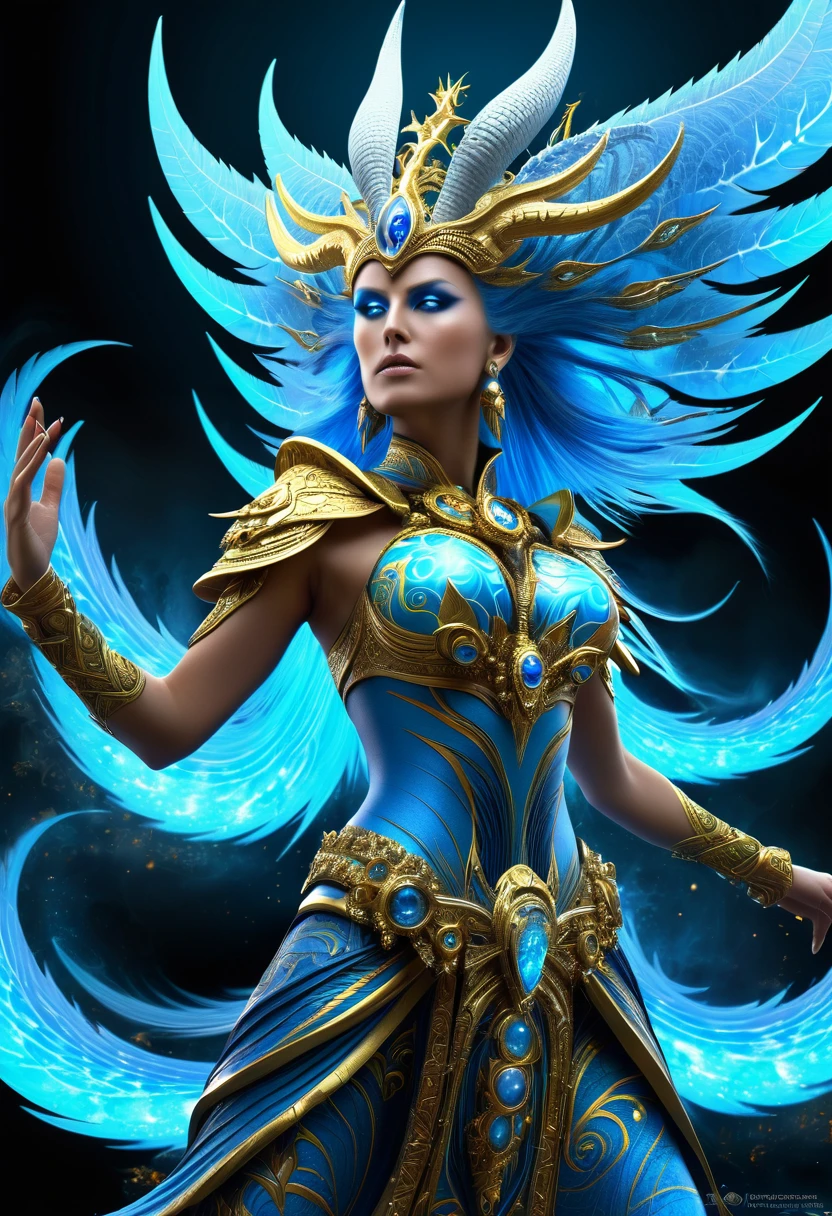 Tzeentch as a woman,displaying her own power.(( Full figure wiew)). ((Three quarter wiew)).((fractal)),((deep wiew)),photographic,ultra high resolution,hyperdetailed, masterpiece, 3d modelling, digital art. 