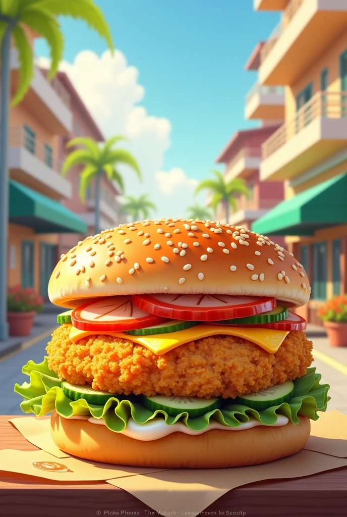 Create a sample illustration of an advertisement of an orange chicken flavored burger with mayonnaise, cucumber, lettuce, and secret sauce. The target consumers are mostly student since its location is at the university belt of Manila. Packaging is lightweight, focusing convenience, and the price is affordable.