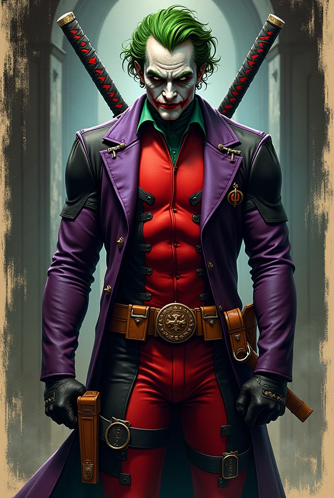 Cover for old style Marvel comics with a character wearing Deadpool and Joker clothes