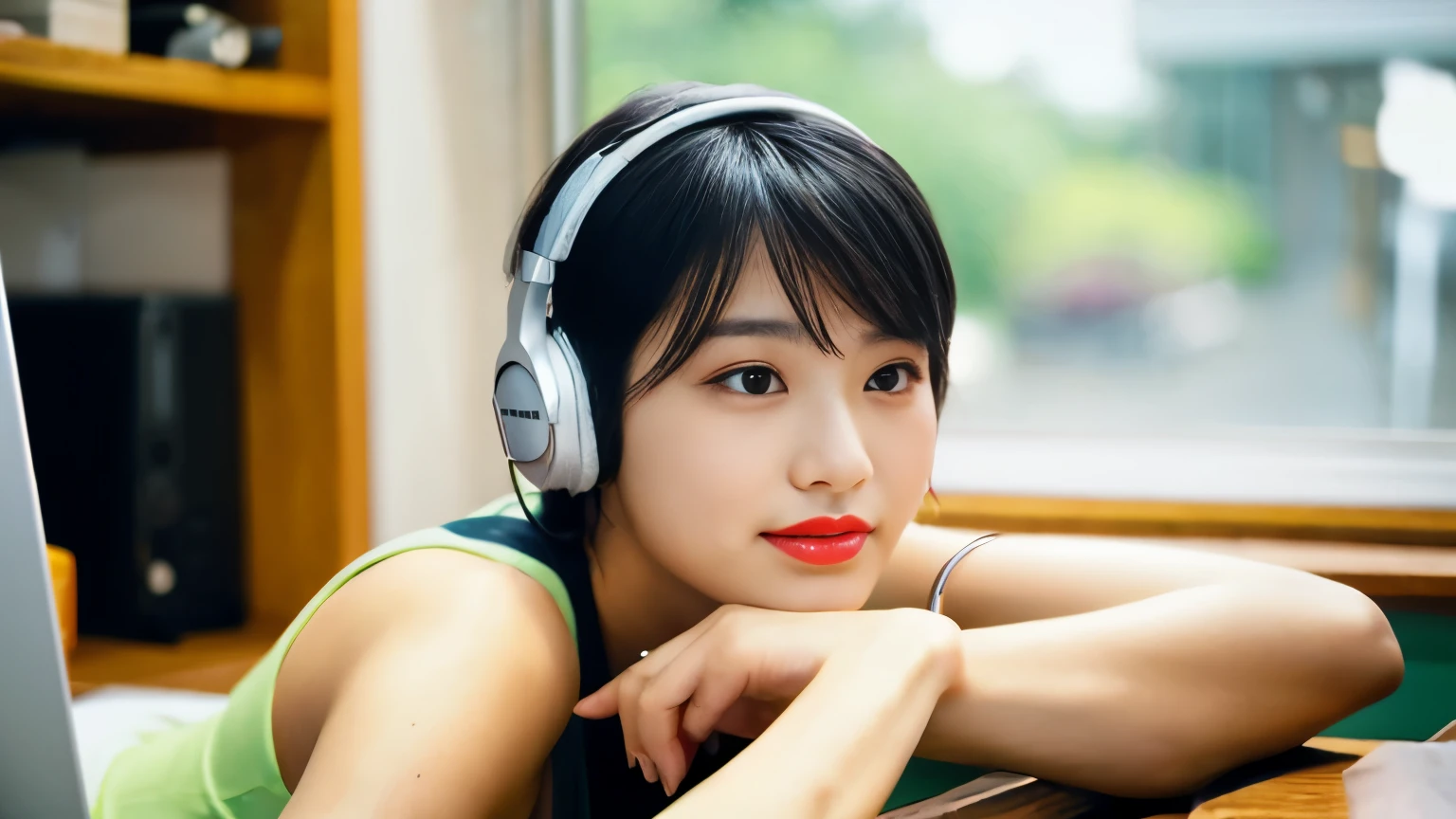Beautiful Japanese Women, (16 years old), Cute Face, Red lips, White moisturized skin, Feminine body, Wear a jersey,Big earrings, short hair, Short Bob Hair,Black Hair,Wavy Hair,Melancholic expression,Listening to music with headphones at his desk