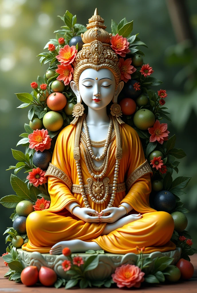 Create an ultra-realistic image of a vibrant and intricately crafted statue of a deity. The figure should be seated in a meditative pose, adorned with detailed accessories made from various produce. The background should feature a lush floral arrangement, enhancing the serene and artistic atmosphere. The lighting should be soft and natural, highlighting the textures and colors of the fruits, with a focus on realism and artistic presentation.