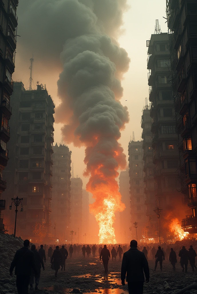 red sky with red clouds and red and orange smoke everywhere in a destructed and demolished city with fires on cars