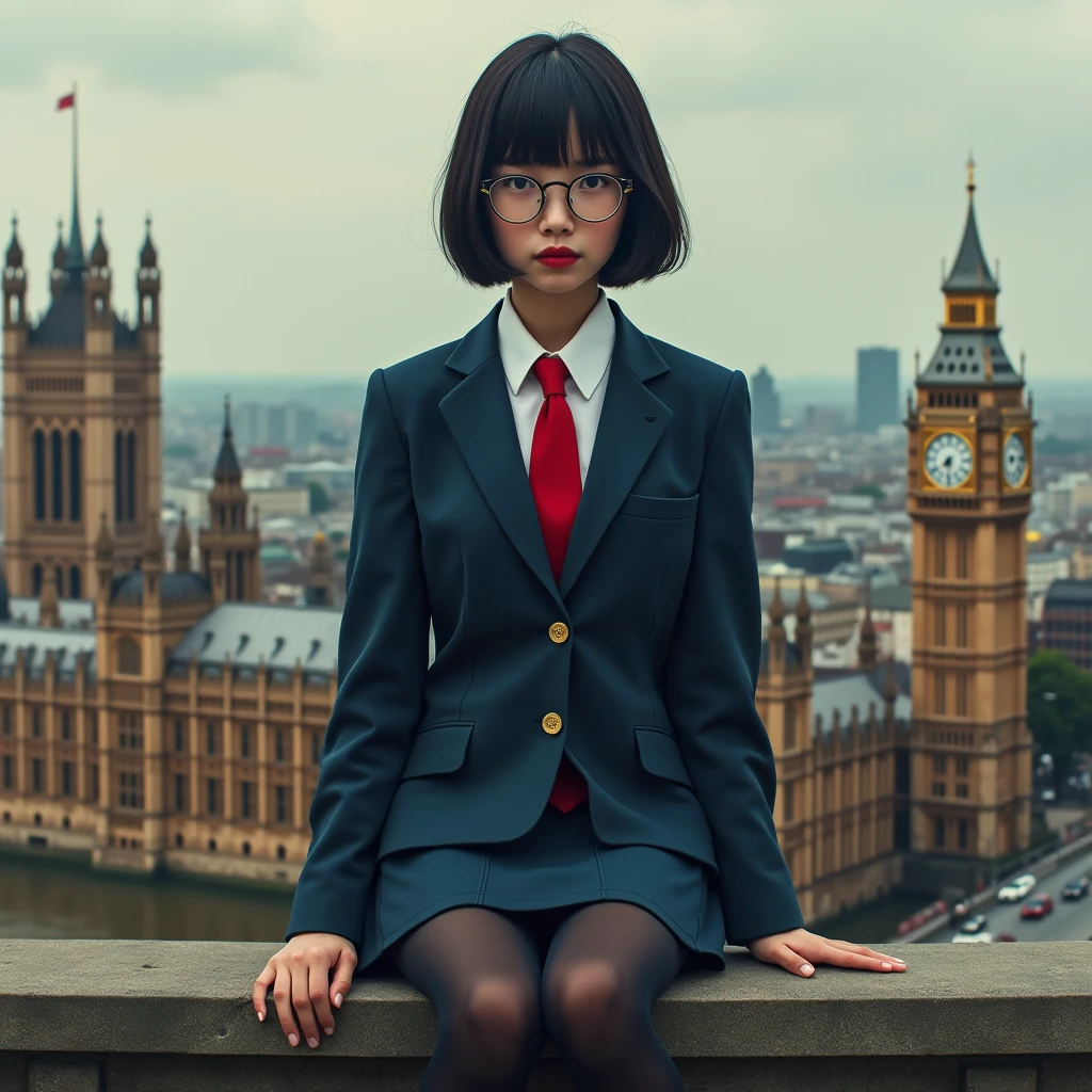 Giantアート, Surreal school girl, 非常に詳細なGiantショット, Giant, short hair, Black Pantyhose, A giant schoolgirl'Much larger than a skyscraper, A giant schoolgirl'Sitting in the Houses of Parliament、Wear rimless glasses, Navy Blue Blazer, Red tie, Mini skirt, Black Pantyhose, I don't wear shoes., very small metropolis, Miniature metropolis, 足元までの高さしかないMiniature metropolisで、Sitting in the Houses of Parliament女の子、., Description of the whole body, GTS, Giga Giantess, Black Pantyhose, Pantyhose Legs, Pantyhose Legs, ,Stomping City,Crush City,Small Town,Micro City, High resolution, Highest quality, masterpiece,