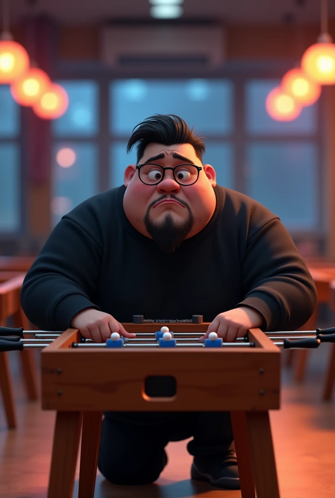 Create a Disney Pixar template image, of a 20 year old adult male crying, tears streaming from the eyes, sad kneeling behind a foosball table, leaning on it, with the result of 5x0 as if it were the title of a Disney movie. This man is chubby, wears a black sweatshirt and black pants, black sneakers too. He wears glasses, has a medium black beard with gaps on the cheeks, and he is bald in the front, with side entrances, and has straight black hair