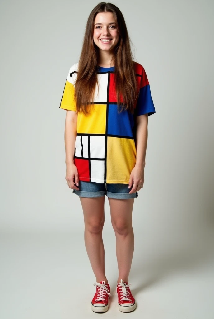 One Woman,Brown long hair,Big Tits,Have a happy face,He is wearing a shirt with Mondrian's Composition pattern.,The shirt is made up of red, yellow, blue and white squares.,Supporting the chest from below with both hands,Red sneakers,Standing with weight on the right foot,Simple Background,Taken with a Fujifilm SLR
