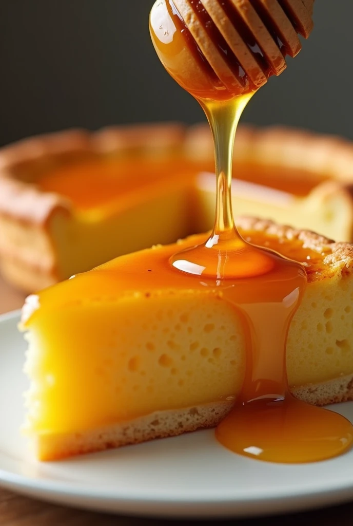 There is honey pie on the plate. Honey flows from the edges of the slices.