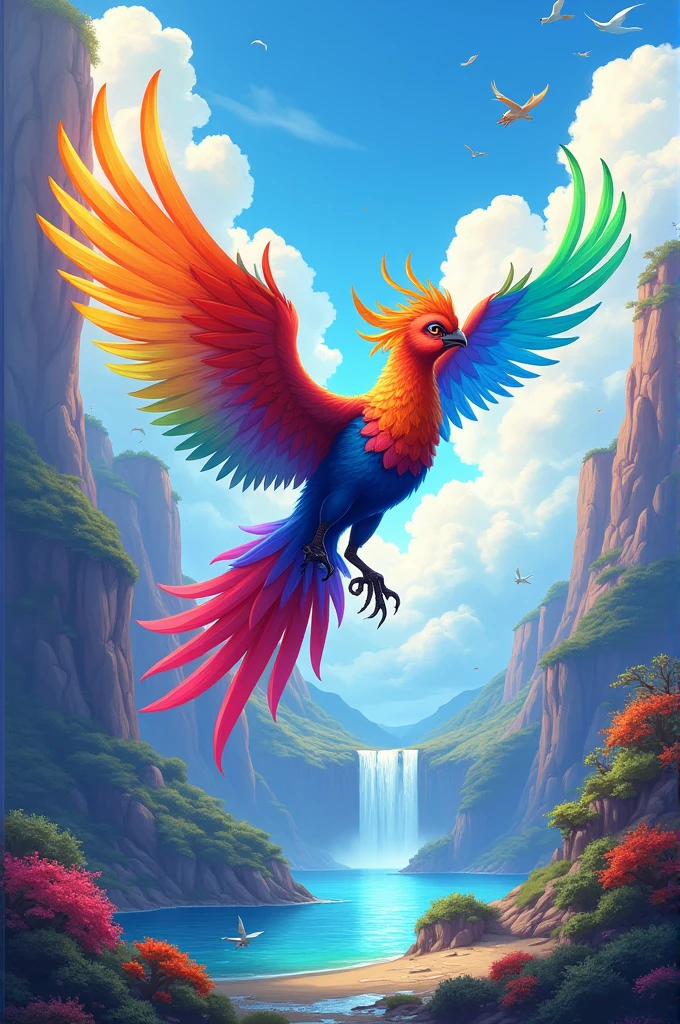anime、デジタルanimeアート、Flat Design,(masterpiece:1.2)、high quality、High resolution、Very detailed、(Amazingly absurd:1.2)、break,Bird with rainbow feathers、Colorful background、Beautiful light effects、Fantastic landscape