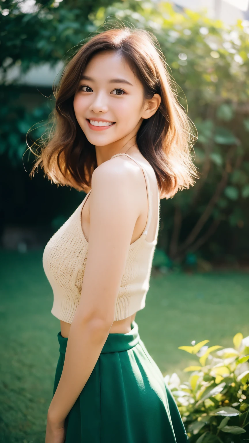 full body, ((best qualtiy, 8K, tmasterpiece:1.3)), Focus:1.2, perfect figure beautiful woman:1.4, asian woman, Cocked buttocks:1.2, ((Cut hair in layers:1.2)), (medium tits), light pink, dark green skirt, Highly detailed facial and skin texture, no make up, A detailed eye, double eyelid,Whiten skin,long whitr hair, ssmile,, morning in the grden, warm sunshine, back lighting, analog Kodak film grain
