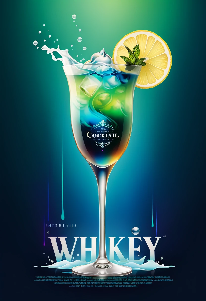 Big poster (English text)Introducing the whiskey cocktail title(artistic font design) Whiskey cocktail cool blue liquid with mint and lemon slices in an elegant tall cocktail glass (blue to green gradient fantasy color gradient )
ice smoke, splash, Droplet high dynamic science fiction, dark energy, 空靈的 周圍發光的廷德爾效應 迷人的光芒 液態水splash周圍閃亮的旋轉高動態漩渦
Big poster (English text)Introducing the whiskey cocktail title(artistic font design) Swirl dynamics around slime energetic drink poster ( Correct and perfect anatomy )
Ultra-detailed animation art and visual effects masters perfectly compose intricate digital art