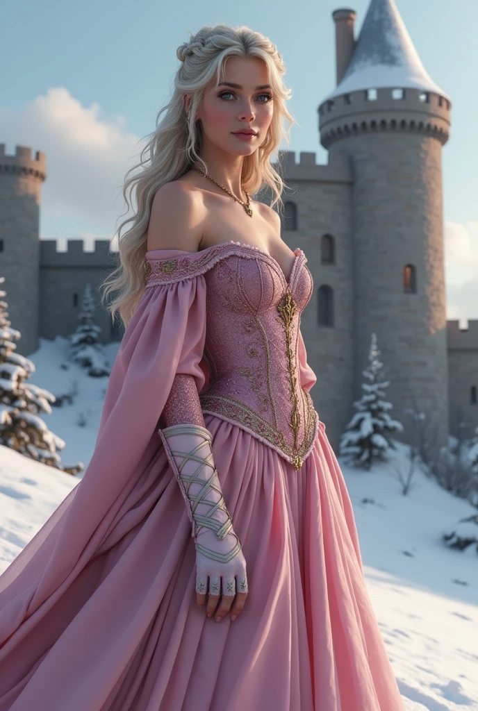 I want you to make me a realistic woman, with a pastel pink Game of Thrones style medieval age dress style , where you can see her breasts and naked nipples, who is wearing winter boots , outside a medieval castle, Best Quality, illustration, ultra detailed, finely detail, High resolution, 8K Wallpaper