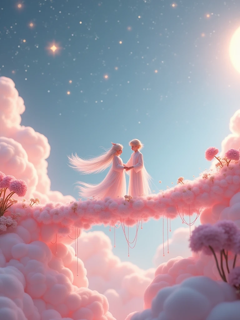 Miniature Landscape,Miniature Models，Fantasy Garden，Aesthetic healing，Rural scenery，Beautiful and poetic，In a vast 3D universe，The Cowherd and the Weaver Girl stand on a magpie bridge made of soft pink clouds。These clouds are fluffy and soft，As if just plucked from the sky，Each flower has a delicate texture and slight elasticity.。The edge of the magpie bridge is still hung with strings of glittering pearl-like dewdrops.，About to drip。The starry sky around，Stars are not the usual sharp points of light，But each one is round and full、A ball of light woven from soft threads of light，Exudes a soft and warm glow，Like freshly baked marshmallows。The clothes worn by the Cowherd and the Weaver Girl are made of silk that is as light as mist.，When the wind blows，The folds of silk flow naturally like water ripples，The edges of the clothing are inlaid with fluffy white down.，Adds a bit of warmth and romance。Their hair is not a rigid line.，But a strand of silky soft、Slightly curly filaments，As if I could feel the gentle breeze，Studio Lighting，3D, Realistic lighting，Beautiful light，Edge Glow，Volumetric Light，Rim Light，Bioluminescence，Perfect composition，Masterpiece，8k