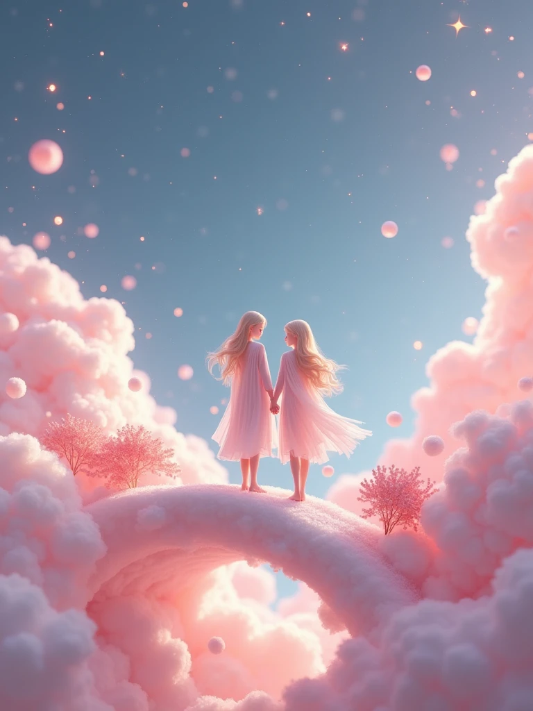 Miniature Landscape,Miniature Models,Fantasy Garden,Aesthetic healing,Rural scenery,Beautiful and poetic,In a vast 3D universe,The Cowherd and the Weaver Girl stand on a magpie bridge made of soft pink clouds。These clouds are fluffy and soft,As if just plucked from the sky,Each flower has a delicate texture and slight elasticity.。The edge of the magpie bridge is still hung with strings of glittering pearl-like dewdrops.,About to drip。The starry sky around,Stars are not the usual sharp points of light,But each one is round and full、A ball of light woven from soft threads of light,Exudes a soft and warm glow,Like freshly baked marshmallows。The clothes worn by the Cowherd and the Weaver Girl are made of silk that is as light as mist.,When the wind blows,The folds of silk flow naturally like water ripples,The edges of the clothing are inlaid with fluffy white down.,Adds a bit of warmth and romance。Their hair is not a rigid line.,But a strand of silky soft、Slightly curly filaments,As if I could feel the gentle breeze,Studio Lighting,3D, Realistic lighting,Beautiful light,Edge Glow,Volumetric Light,Rim Light,Bioluminescence,Perfect composition,Masterpiece,8k