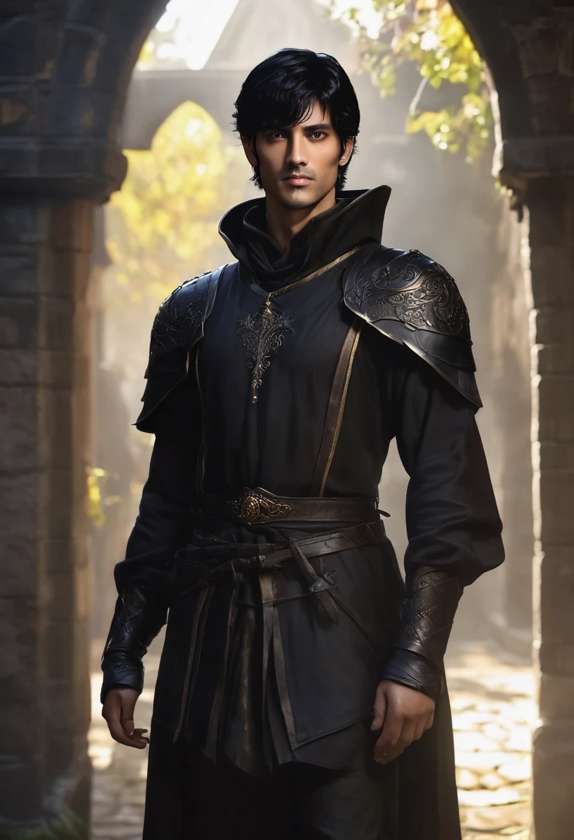 1 man, the background is an environment surrounded by dark shadows, wearing a black medieval outfit, detailed facial features, masculine yellowish brown eyes, detailed dark tan skin, short black hair, handsome prince-like face, dramatic lighting, cinematic composition, moody light palette, dark colors, atmospheric haze, thin chin, soft face, strong and handsome man, adult man, ultra realistic, profile picture, adult man (best quality, 4K, 8K, high resolution, art: 1.2), ultra detailed (realistic, photorealistic, photorealistic: 1.37)