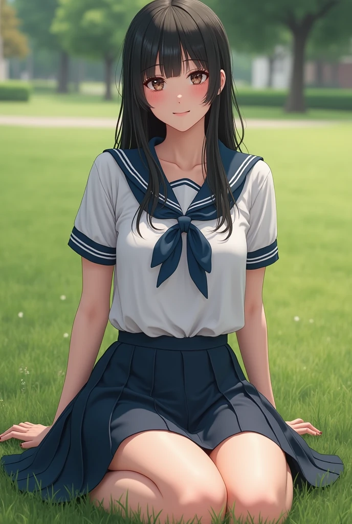 Very realistic and detailed image of a high school student who has small breasts and is always smiling and she is wearing school SMA uniform she was sitting on the grass and her skirt was lifted up so that her beautiful and clean genitals were visible and you can see her vagina