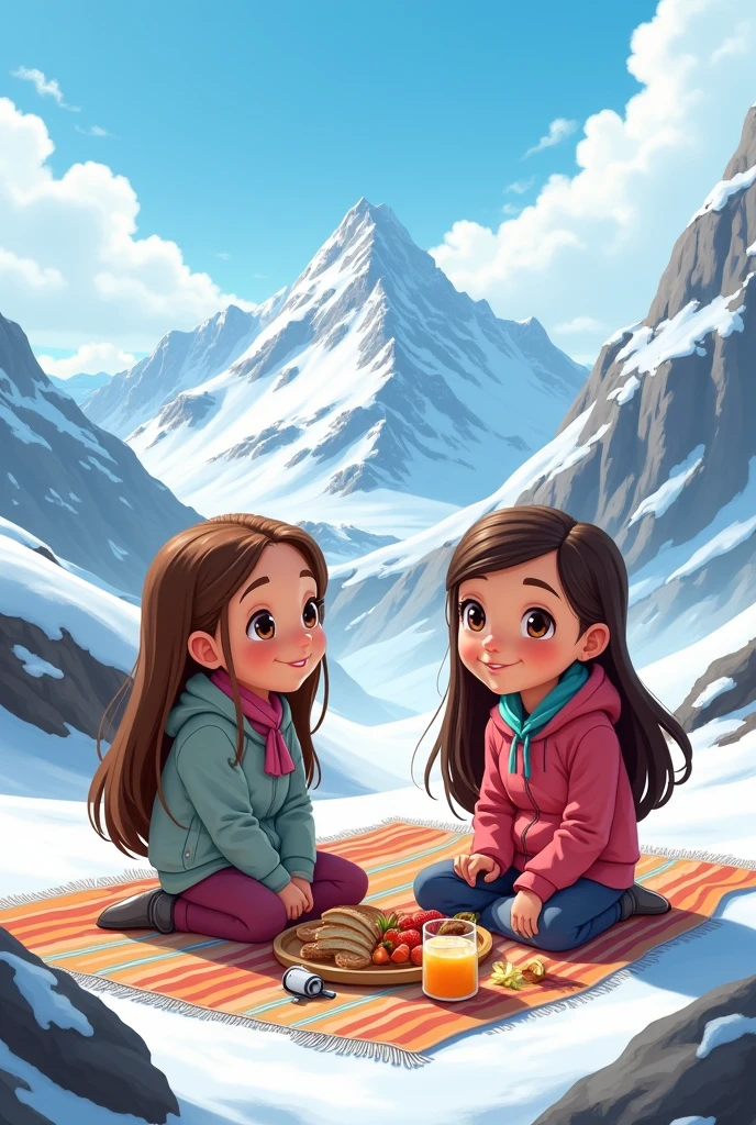 Raising a 7--old th long hair down to the back, straight brown hair without, eyes browns, slim, wearing cold clothes, Caucasian skin , with a scenery of snowy mountains , together with her friend having a picnic , your friend has long brown hair, up to the waist , eyes browns, Caucasian skin , wearing winter clothes On a bright day, MAITÊ e Letícia, two 7 year old friee about to embark on an unforgettable adventure. They both loved exploring new places and experiencing new emotions., and today they had planned a special picnic near the majestic icy mountains of Chile.
With their backpacks full of sandwiches, fruits, juices and a colorful blanket, MAITÊ e Letícia partiram para o local onde as montanhas se encontravam com o céu azul. The snow-capped mountain peaks glistened in the sun, and the cool, fresh air was invigorating.
"Let's have our picnic right next to those huge rocks!" Leticia suggested, pointing to a flat area that looked ideal for lunch.
MAITÊ, always excited, agreed and the two girls began to prepare the space. Spreading the colorful blanket over the snow, They arranged the food in an organized manner and created a cozy atmosphere..
While they ate, MAITÊ e Letícia conversavam sobre suas aventuras passadas e sonhavam com futuras explorações. MAITÊ estava ansiosa para explorar as cavernas que se formavam nas bases das montanhas, while Letícia was fascinated by the stories of ancient explorers who had conquered these lands.
After the picnic, the girls decided to explore the surroundings. Using toy binoculars, observed wildlife and found animal tracks that appeared to be hidden under the snow. "Look there!" exclaimed Leticia, pointing to a group of penguins playing on the slopes.
Curious and lively, MAITÊ e Letícia seguiram as pegadas e encontraram uma pequena caverna coberta de gelo. por dentro, the glow of the stalactites and stalagmites created