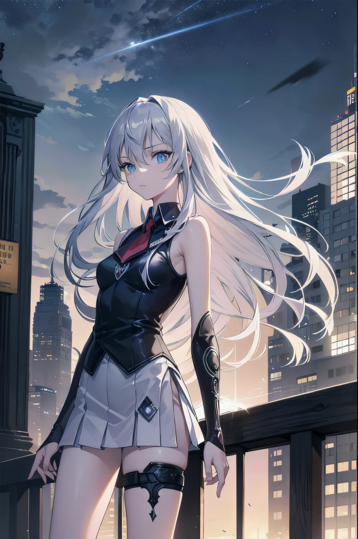 ((masterpiece)), ((best quality)), ((best illustration)), ((ultra-detailed)),((photorealistic color)), 1 lady, solo, teenager, absurdly long hair, silver hair, straight hair, ((blue eyes)), ((hyper detailed eyes)), ((hyper detailed face)), gloomy face, holding cybernetic spear, lonely, looking at viewer, business suit, ((sleeveless)), ((miniskirt)), bare legs, thin body, thin arms, long arms, standing, cowboy shot, side view, rooftop, skyline, urban, night, moonlight, backligh