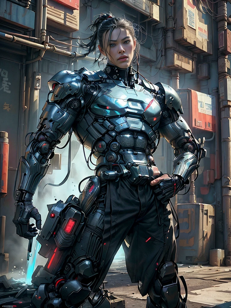 Martial Arts Man as Robot Warrior,Stand up straight and T-post(top quality、8k、32K、masterpiece、nffsw:1.3)、(Ultra-high definition)、(realistic:1.4)、raw photo,perfect eyes,Attractive perfect look,take action:1.2,Detailed cyberpunk fashion、mana