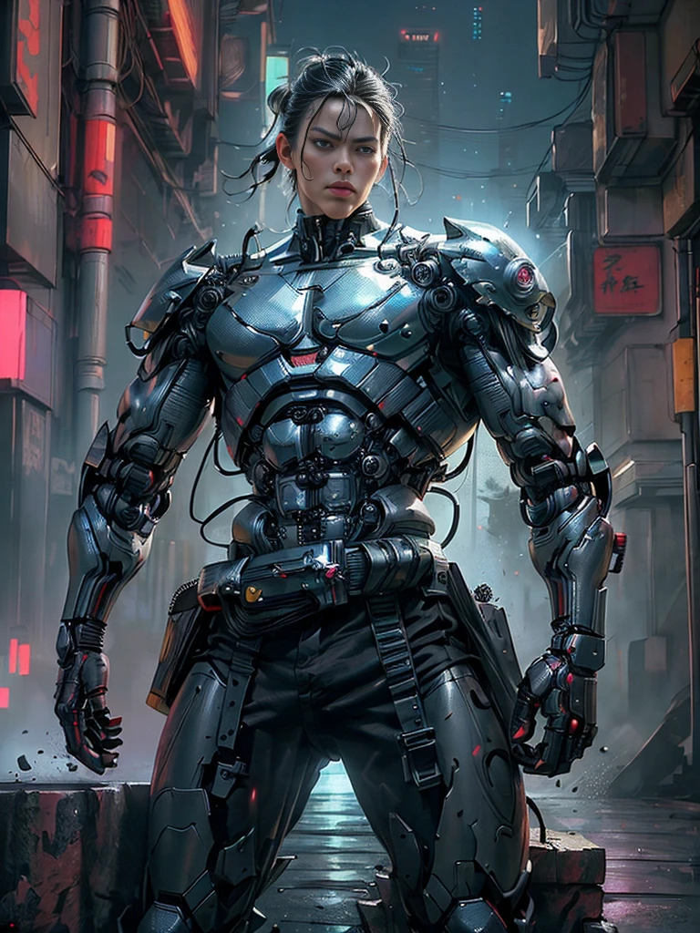 Martial Arts Man as Robot Warrior,Stand up straight and T-post(top quality、8k、32K、masterpiece、nffsw:1.3)、(Ultra-high definition)、(realistic:1.4)、raw photo,perfect eyes,Attractive perfect look,take action:1.2,Detailed cyberpunk fashion、mana