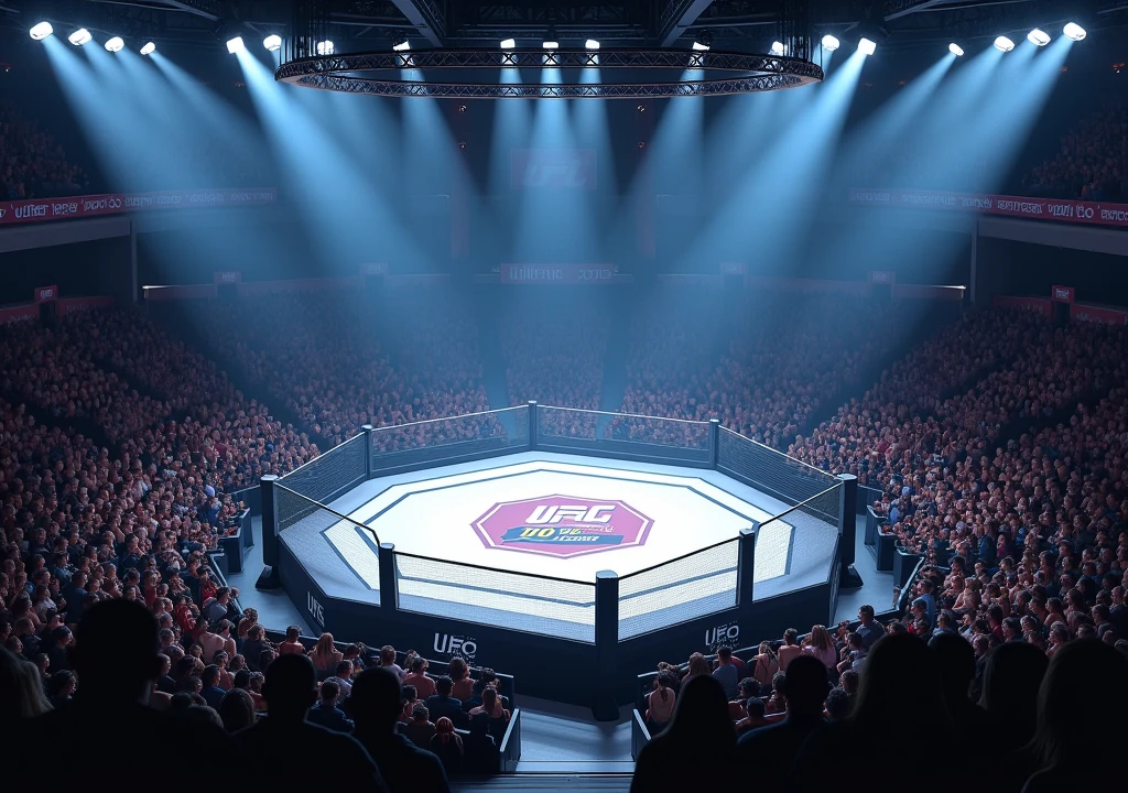 A UFC fighting ring with BDA 10 years written on it. The ring is empty and there is a large audience in the stands