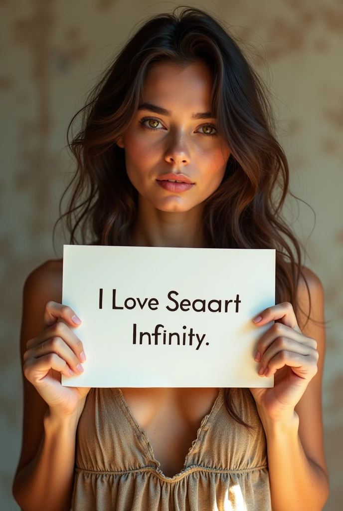 Beautiful girl with wavy long hair, bohemian dress, holding a white board with text "I Love Seaart Infinity" and showing it to the viewer
