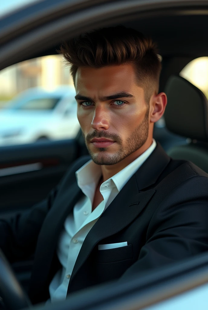 Handsome boy with french crop, blue eyes, Black blazer, drive bmw car