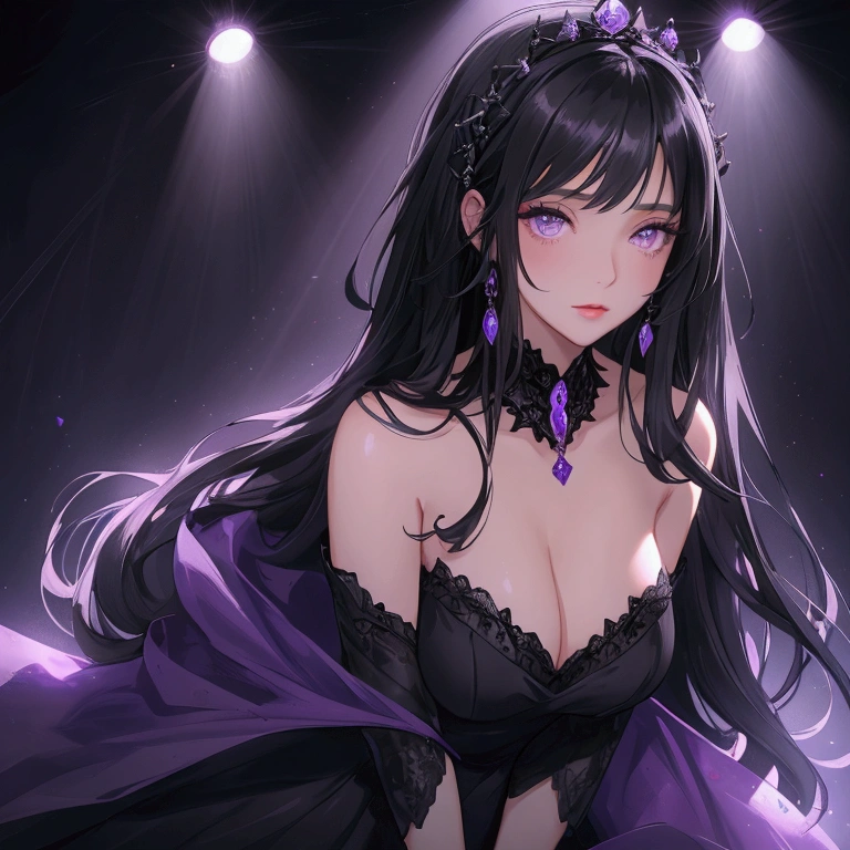 Beautiful young woman with long black hair wearing a night dress. The background is a stage with violet and black tones. There is a spotlight shining on her face. Close-up.
