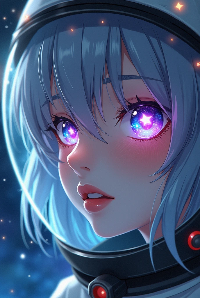 ( anime girl Close-up of a better masterpiece:1.5)0.9], (Space and astronauts:1.2) (Messy silver hair:1.1) (Heterochromia xanthochromia and blue eyes:1.2) (Space Helmet:1.0) (Colored stars in the eyes:1.0) (A radiant glow:1.1) (thick lips:0.9)