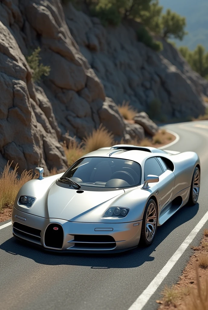 Create an ultra-high-definition, hyper-realistic image of a 1990s Bugatti EB110. The car should be in a pristine light silver-gray finish, capturing its distinctive design details.Car Details:Body Design: Render the car with its angular and aerodynamic lines specific to the EB110, with its sharp, straight edges and smooth curves. Avoid the more rounded features typical of the Chiron.Headlights: Illustrate the rectangular pop-up headlights with their unique internal mechanisms. They should be extended and clearly detailed, differentiating from the more modern, rounded headlights of the Chiron.Front Grille: Show the small, rounded front grille with a prominent Bugatti 'EB' emblem. Ensure the grille is textured and matches the distinctive design of the EB110, not the large, wide grille seen on the Chiron.Wheels: Depict the five-spoke alloy wheels with a focus on their intricate design specific to the EB110. Include close-ups of the wheels, brake calipers, and rotors, avoiding the larger, more complex wheel designs of the Chiron.Doors: The scissor doors should be closed with visible details of the door handles and hinges that are characteristic of the EB110, not the more modern door designs seen on the Chiron.Windows: Render the windows with a slight tint and accurate reflections, ensuring they align with the EB110’s design.Setting Details:Lighting and Shadows: Set the scene on a bright, sunny day with clear, natural lighting that casts soft shadows. The lighting should enhance the car’s unique features and textures.Background: Include a rugged, rocky hillside with detailed textures and natural elements, emphasizing the contrast with the smooth lines of the EB110.Road Surface: Show a slightly textured road surface with visible details like small pebbles and tire marks. Ensure these details are consistent with the period and setting of the EB110.Overall Composition:Angle and Framing: Position the car at a low, front three-quarter angle to highlight both the front and sid