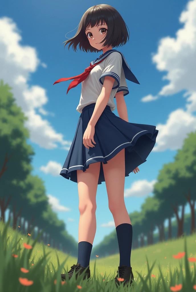 Hyper realistic photo of a schoolgirl in a miniskirt, view from the ground, at an angle where you can see her panties