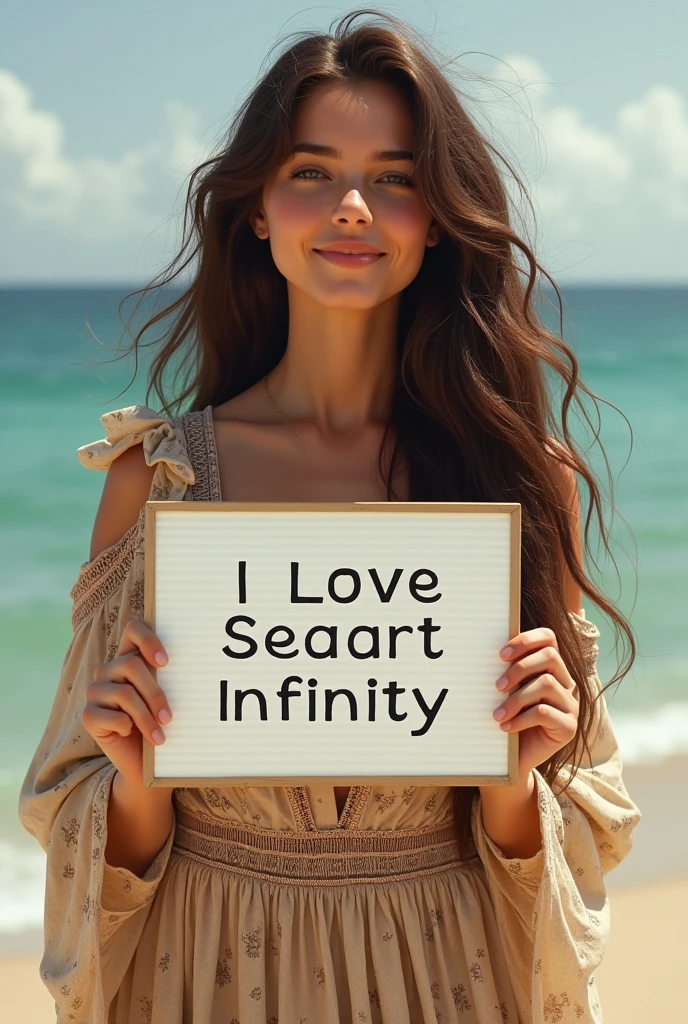 Beautiful girl with wavy long hair, bohemian dress, holding a white board with text "I Love Seaart Infinity" and showing it to the viewer