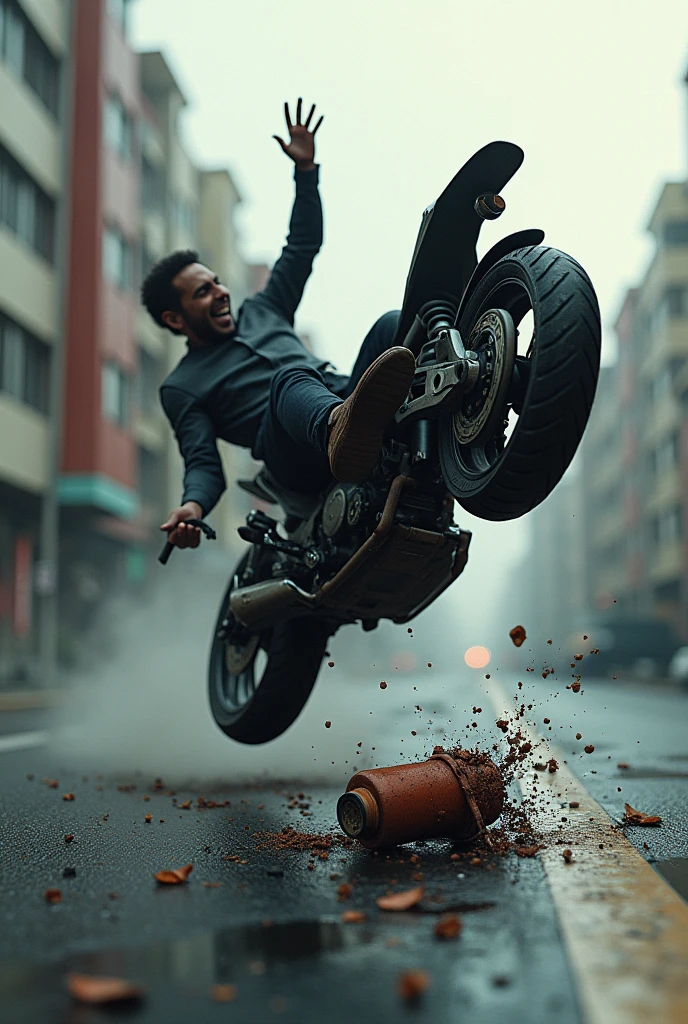Motorcycle accident, the person is falling from hands