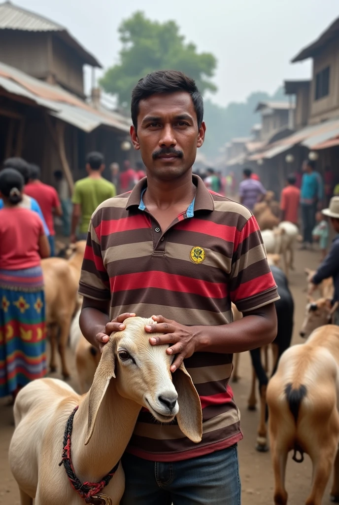 A bustling marketplace filled with livestock. Suneel kshetri  wearing a brown and red striped polo shirt, stands amidst a group of goats, holding one by the neck. The scene is lively, with people in the background going about their activities, some wearing colorful attire. The setting is rustic, with makeshift stalls and a variety of animals around. The overall atmosphere is vibrant and energetic.