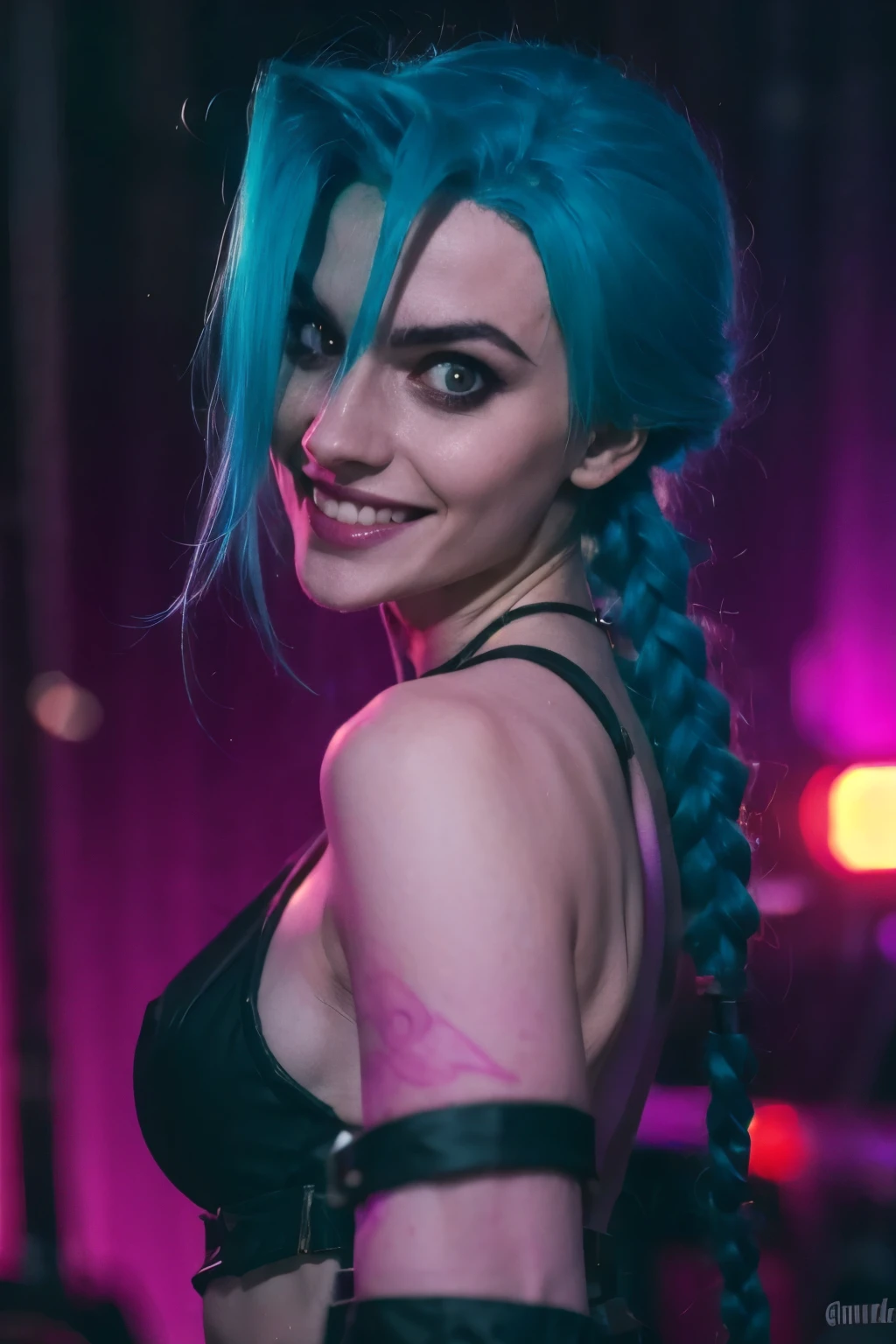 Hyper realistic super detailed , evil Jinx, Very detailed, (hyper realistic: 1.4), in dynamic pose, ((psycho face, creppy smiling)), BLUE hair twin braids. ((Grunge Neon grafitti background, cinematic lighting)).