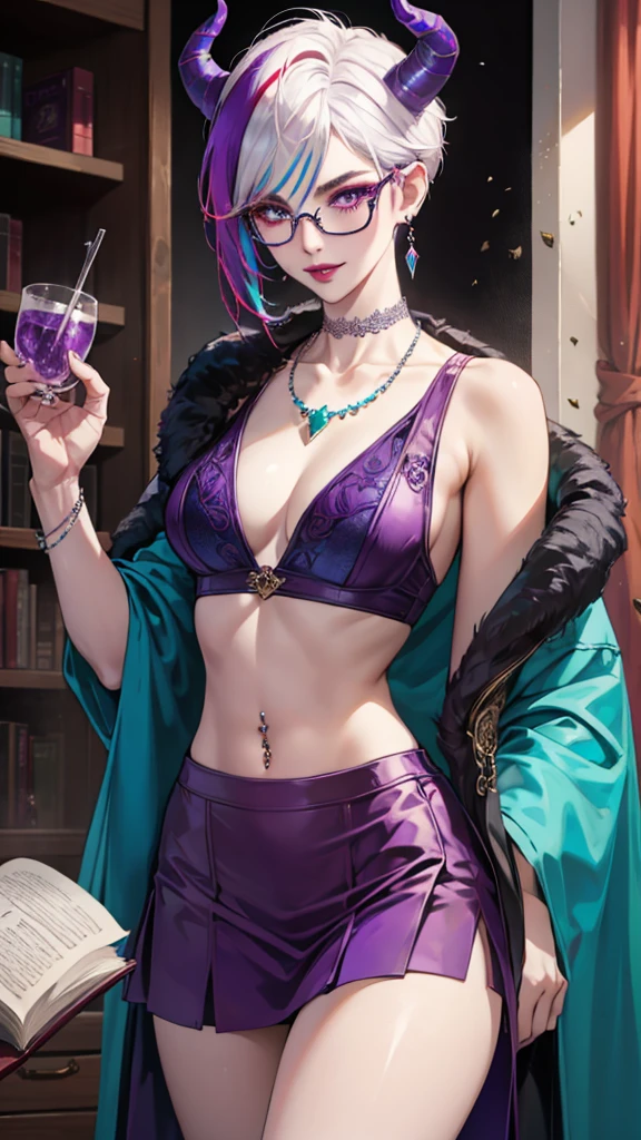 8k, masterpiece, best quality, highly detailed, 1 girl, tiefling, warlock, pixie cut, multicolored hair, very short straight hair red highlight hair on white hair, strippled hair, wearing glasses, round glasses, earrings, navel piercing, red eyeshadow, long eyelashes, blushed cheek, red lips, pearl necklace, rings, collarbone, mole on face, glamorous, teal and purple clothes, miniskirt, smirk, close up view, rings, looking at viewer, demon horns, solo, blue pale moon, standing, royal dress, devil books.