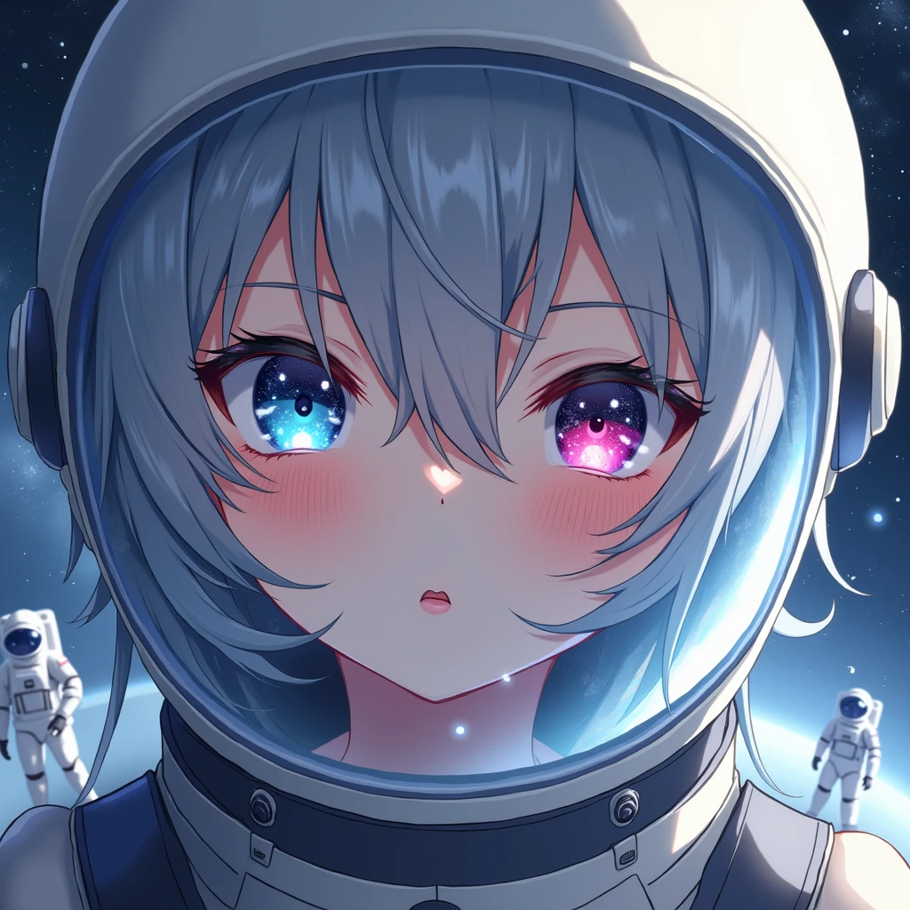 ( anime girl Close-up of a better masterpiece:1.5)0.9], (Space and astronauts:1.2) (Messy silver hair:1.1) (Heterochromia xanthochromia and blue eyes:1.2) (Space Helmet:1.0) (Colored stars in the eyes:1.0) (A radiant glow:1.1) (thick lips:0.9)