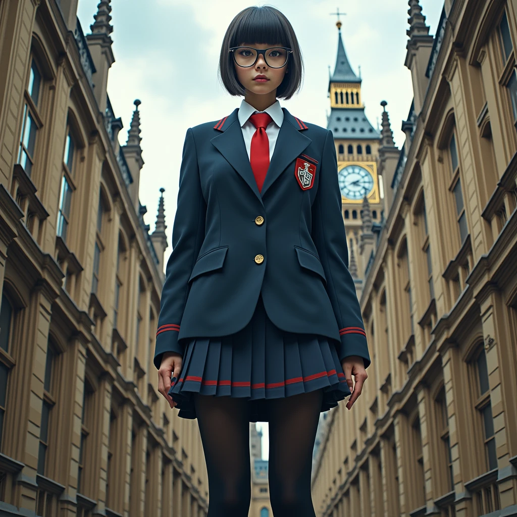 Giantアート, Surreal school girl, 非常に詳細なGiantショット, Giant, short hair, Black Pantyhose, ((A giant schoolgirl&#39;Much larger than a skyscraper)),  A giant schoolgirl&#39;Sitting in the Houses of Parliament、Wear rimless glasses,  Navy Blue Blazer, Red tie, Mini skirt, Black Pantyhose, I don&#39;t wear shoes., very small metropolis, Miniature metropolis, 足元までの高さしかないMiniature metropolisで、Sitting in the Houses of Parliament女の子、., Description of the whole body, GTS, Giga Giantess, Black Pantyhose, Pantyhose Legs, Pantyhose Legs, ,Stomping City,Crush City,Small Town,Micro City, High resolution, Highest quality, masterpiece, 