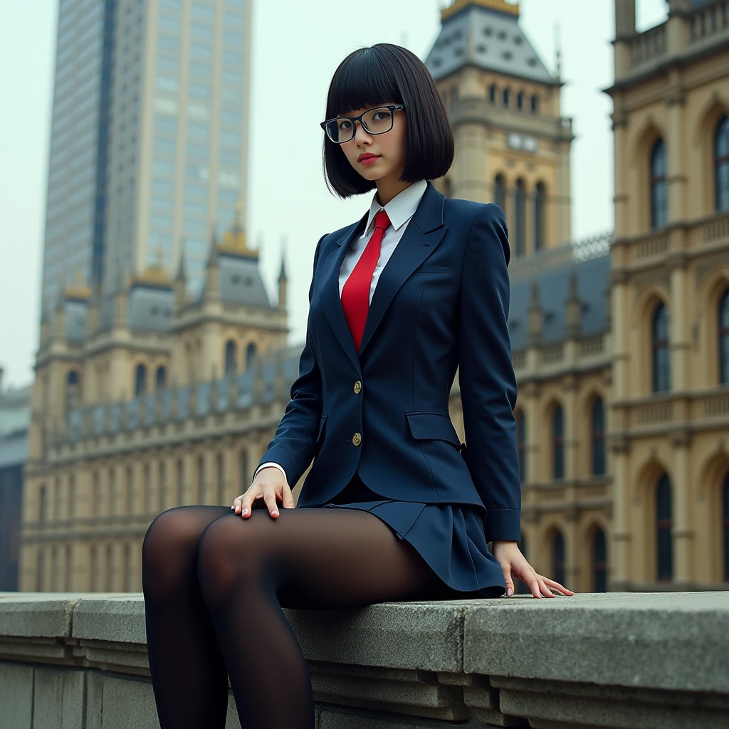 Giantアート, Surreal school girl, 非常に詳細なGiantショット, Giant, short hair, Black Pantyhose, ((A giant schoolgirl'Much larger than a skyscraper)), A giant schoolgirl'Sitting in the Houses of Parliament、Wear rimless glasses, Navy Blue Blazer, Red tie, Mini skirt, Black Pantyhose, I don't wear shoes., very small metropolis, Miniature metropolis, 足元までの高さしかないMiniature metropolisで、Sitting in the Houses of Parliament女の子、., Description of the whole body, GTS, Giga Giantess, Black Pantyhose, Pantyhose Legs, Pantyhose Legs, ,Stomping City,Crush City,Small Town,Micro City, High resolution, Highest quality, masterpiece,
