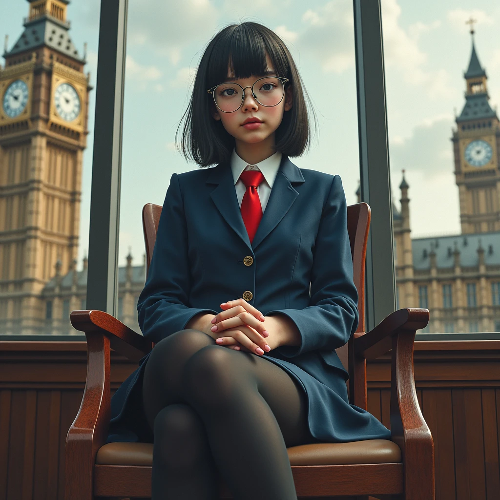 Giantアート, Surreal school girl, 非常に詳細なGiantショット, Giant, short hair, Black Pantyhose, ((A giant schoolgirl'Much larger than a skyscraper)), A giant schoolgirl'Sitting in the Houses of Parliament、Wear rimless glasses, Navy Blue Blazer, Red tie, Mini skirt, Black Pantyhose, I don't wear shoes., very small metropolis, Miniature metropolis, 足元までの高さしかないMiniature metropolisで、Sitting in the Houses of Parliament女の子、., Description of the whole body, GTS, Giga Giantess, Black Pantyhose, Pantyhose Legs, Pantyhose Legs, ,Stomping City,Crush City,Small Town,Micro City, High resolution, Highest quality, masterpiece,