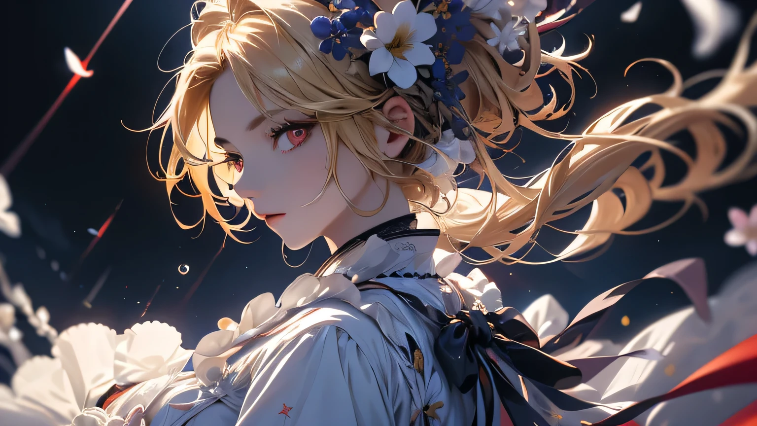 masterpiece, high quality, 4K, Beautiful design, silhouette,bionde, Highly Detailed Starry Sky at Night,Flower Field, wonderful, Finer details, Very knowledgeable woman, Highly detailed solo, 1 female,Red eyes,Big Breasts,White Lolita Fashion,fan,Night view,Starry Sky,full moon,