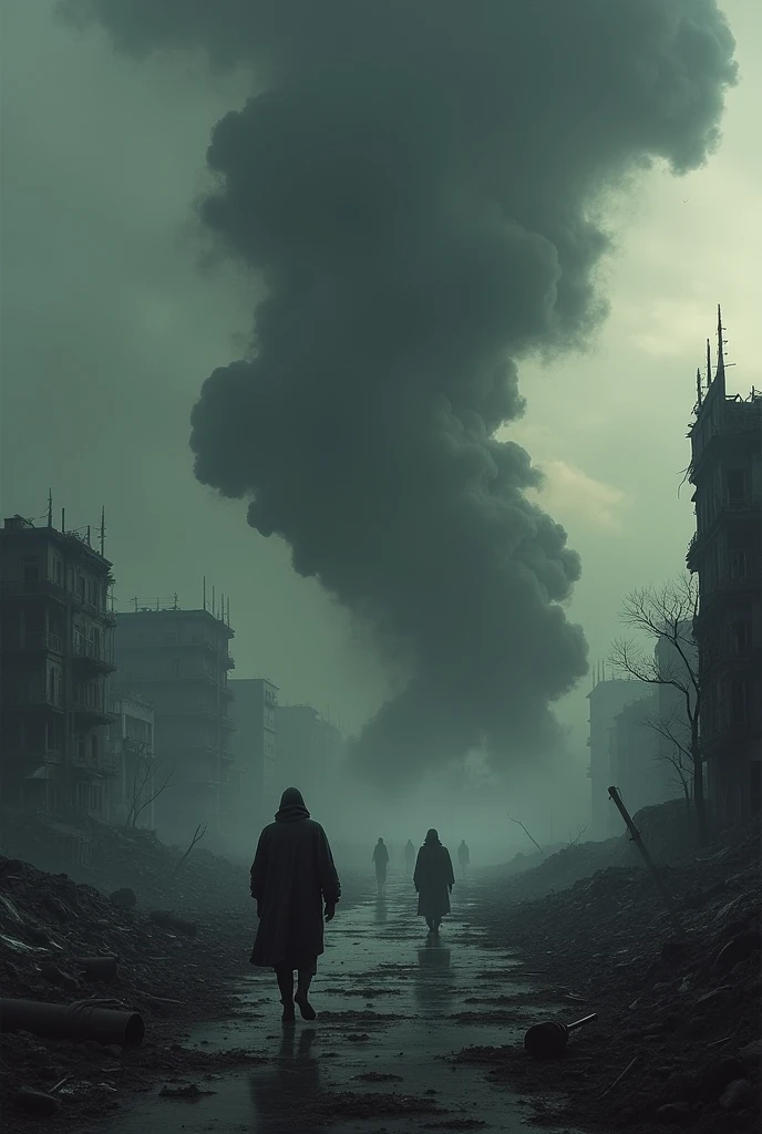 An image of an apocalyptic scenario with a devastated landscape, a ruined building, a dark sky, clouds of smoke, human figures wandering amidst the destruction, showing despair and desolation.