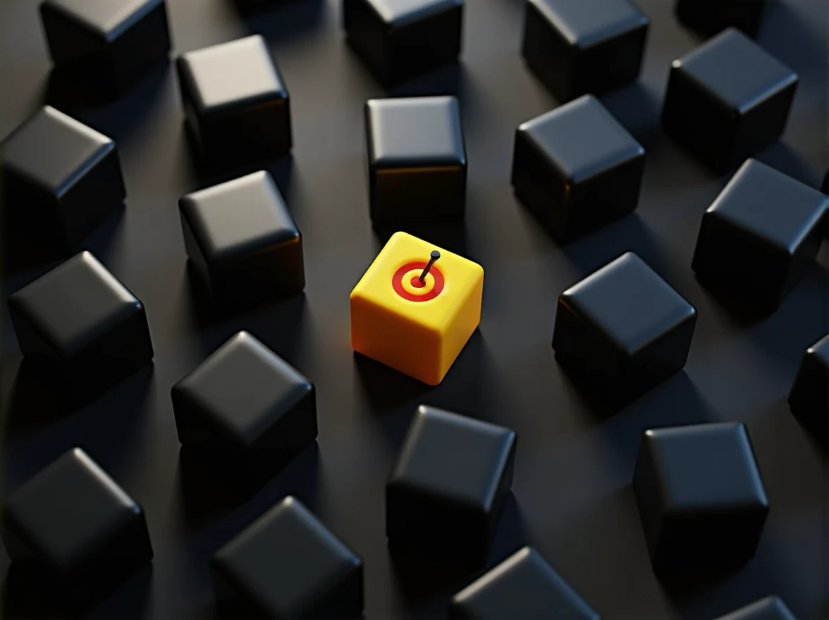 Many Gray Cubes, one of them yellow and with a Target