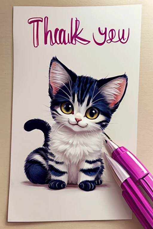 Poster、Japanese、((A big thank you is written on it))、Penmanship、Pen、cute kitten drawing、Copic