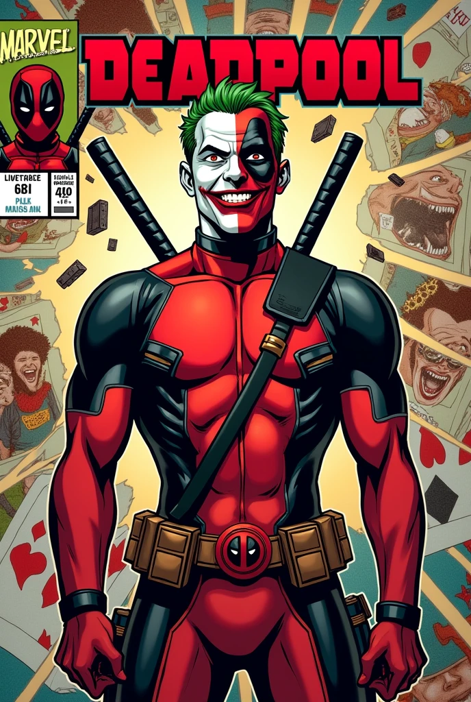 Cover for old style Marvel comics with a character wearing Deadpool and Joker clothes