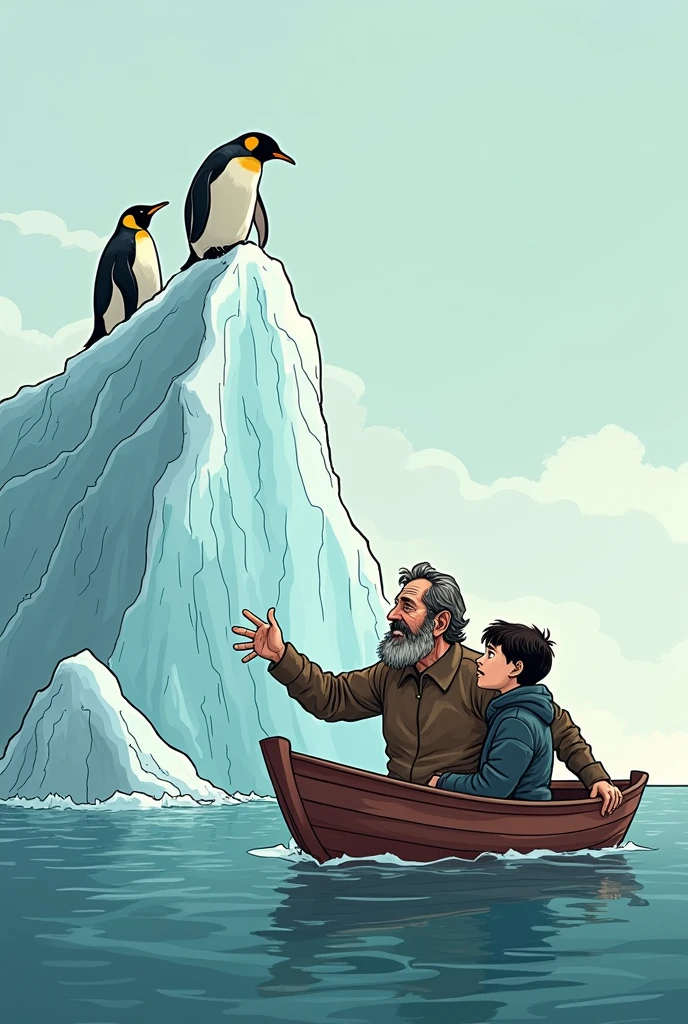 Generate a pictures 16:9 landscape size Create an editorial cartoon of depicts a father and son in a boat, with a large iceberg melting and breaking (with penguins on top of the iceberg )in the background. The father is pointing at the melting iceberg and telling his son that one day he will have to solve the problem of climate change.