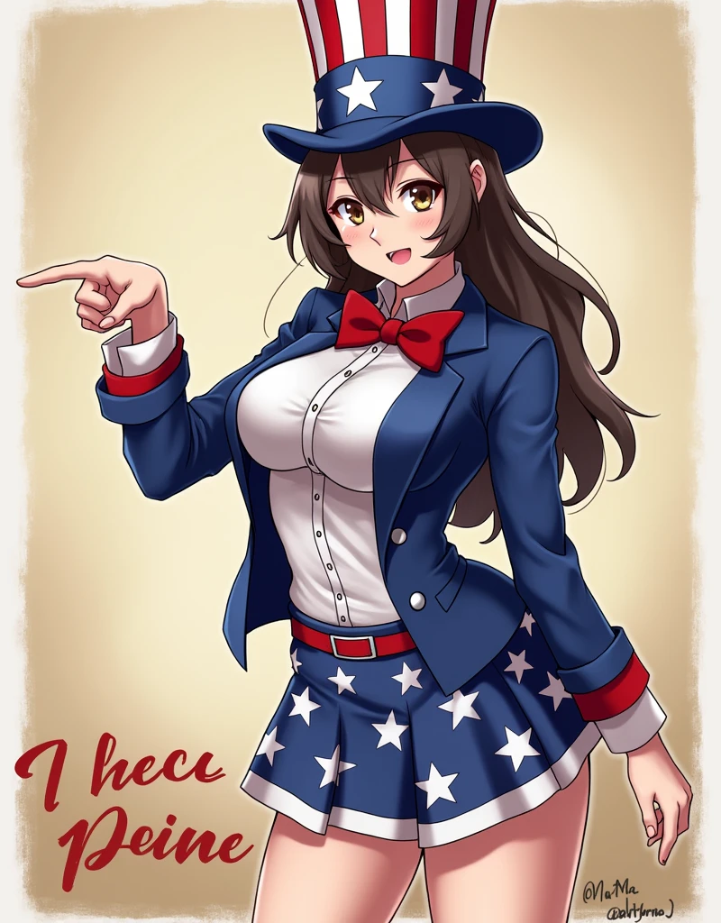 Young beautiful woman,(Highest quality,Extremely detailed depiction,Incredibly absurd high resolution,Anatomically accurate depiction),Woman dressed as Uncle Sam,Pointing here,Poster,Text at the bottom of the picture,article:I Want You for U.S. Army,anime,