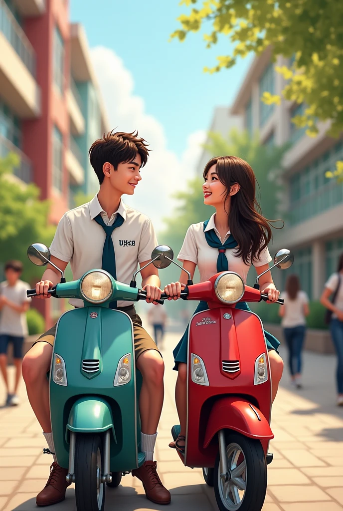 Imagine a a couple in a university uniform in university sitting on two scooties and talking to each other in a romantic way