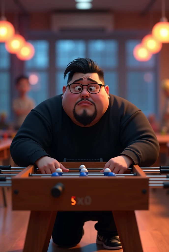 Create a Disney Pixar template image, of a 20 year old adult male crying, tears streaming from his eyes like a child, sad kneeling behind a foosball table, leaning on it, with the result of 5x0 as if it were the title of a Disney movie. This man is chubby but not too much, wears a black sweatshirt and black pants, black sneakers too. He wears glasses, has a medium black beard with gaps on the cheeks, and he is bald in the front, with side entrances, and has straight black hair